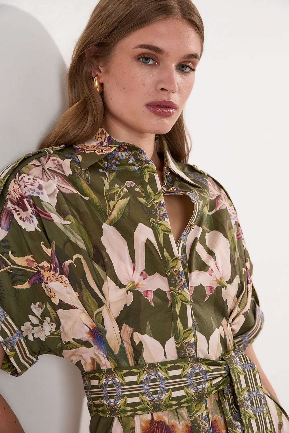 Cotton Sateen Floral Woven Belted Maxi Shirt Dress BKK24336