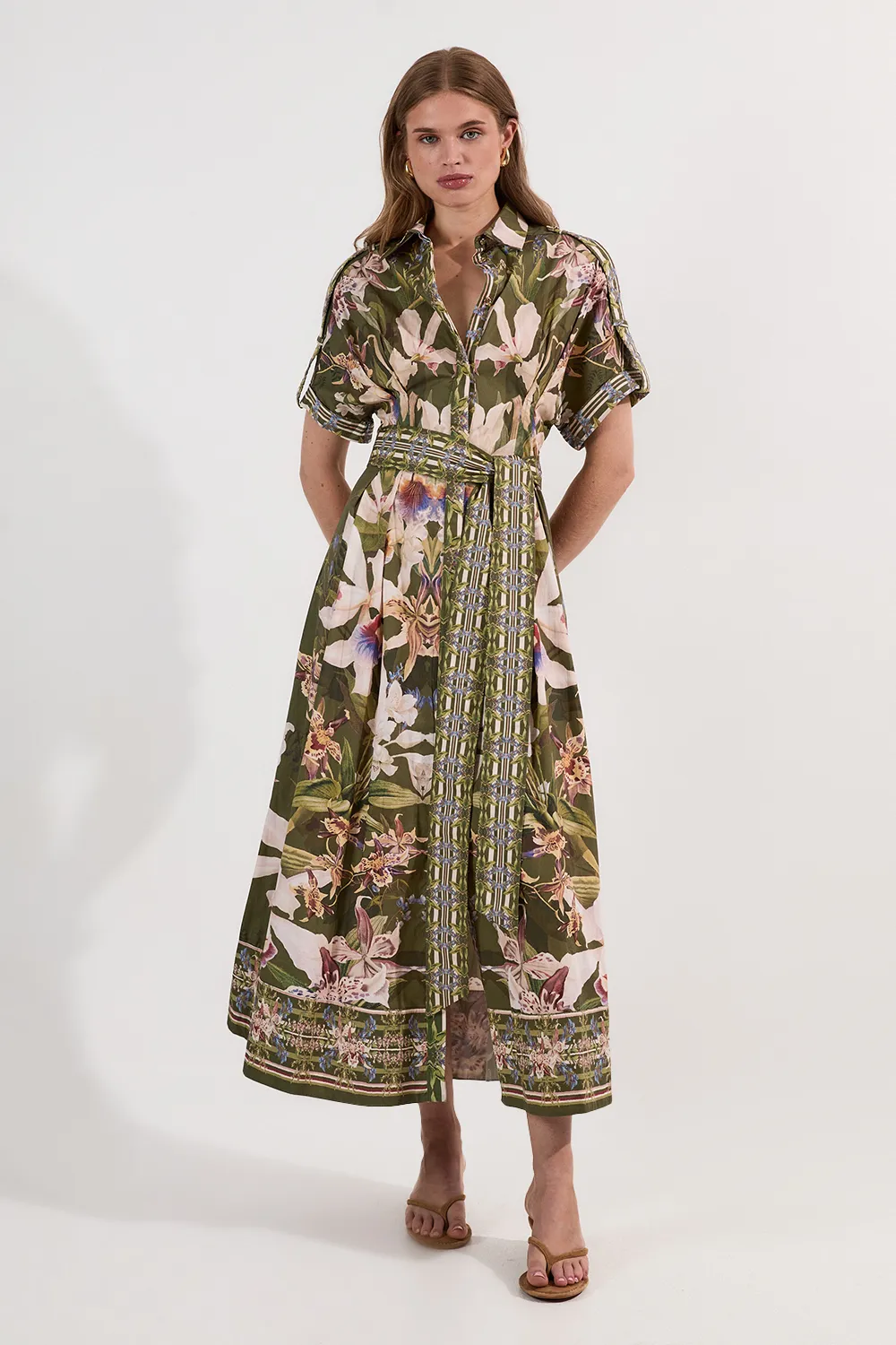 Cotton Sateen Floral Woven Belted Maxi Shirt Dress BKK24336 3 Cotton Sateen Floral Woven Belted Maxi Shirt Dress BKK24336