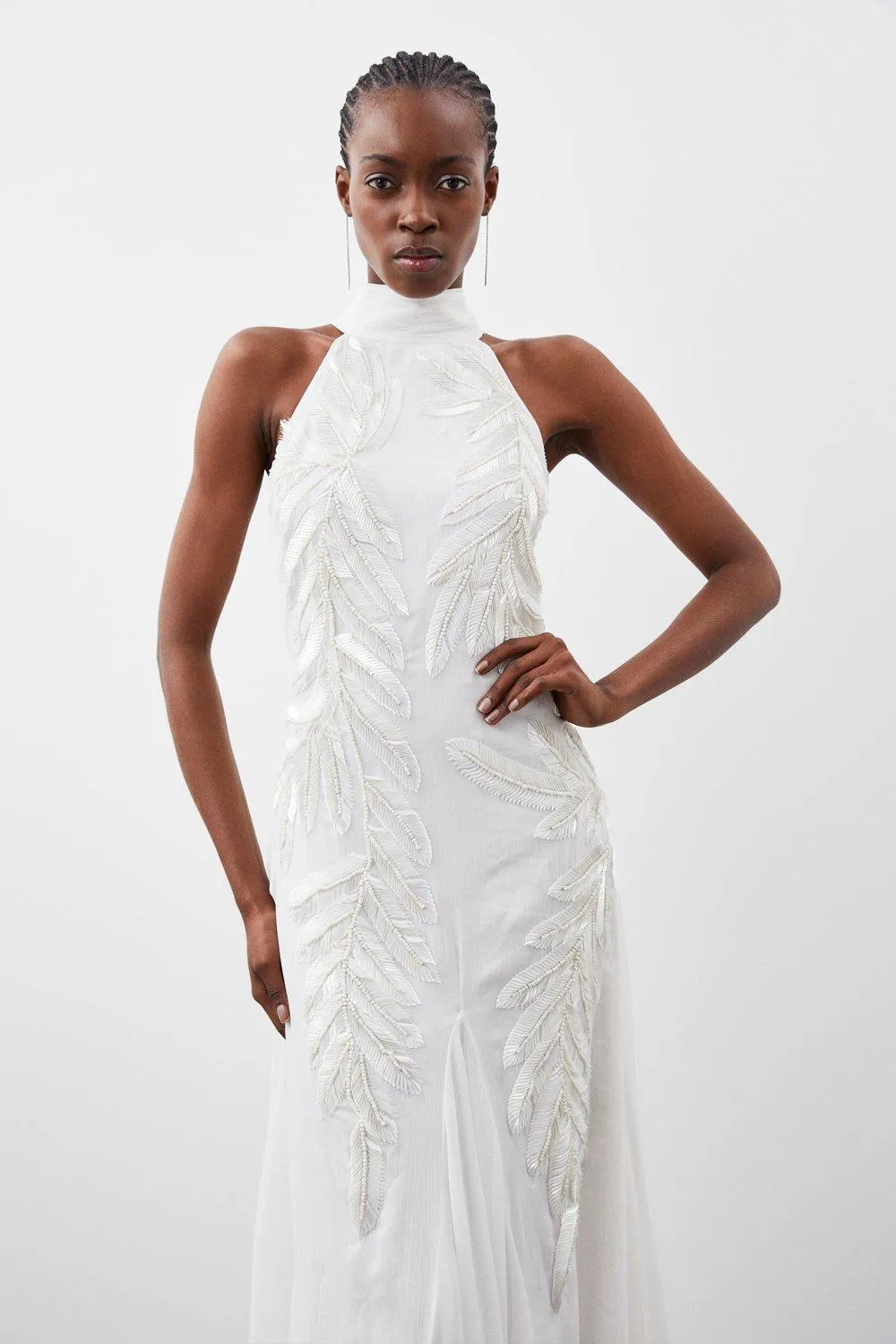 Georgette Feather Embellished Halter Neck Woven Maxi Dress BKK11243