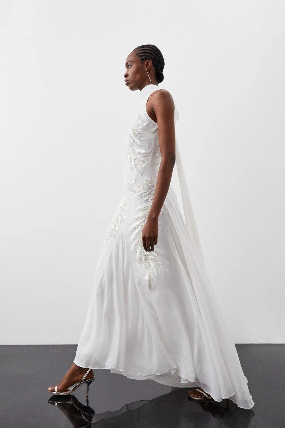 Georgette Feather Embellished Halter Neck Woven Maxi Dress BKK11243