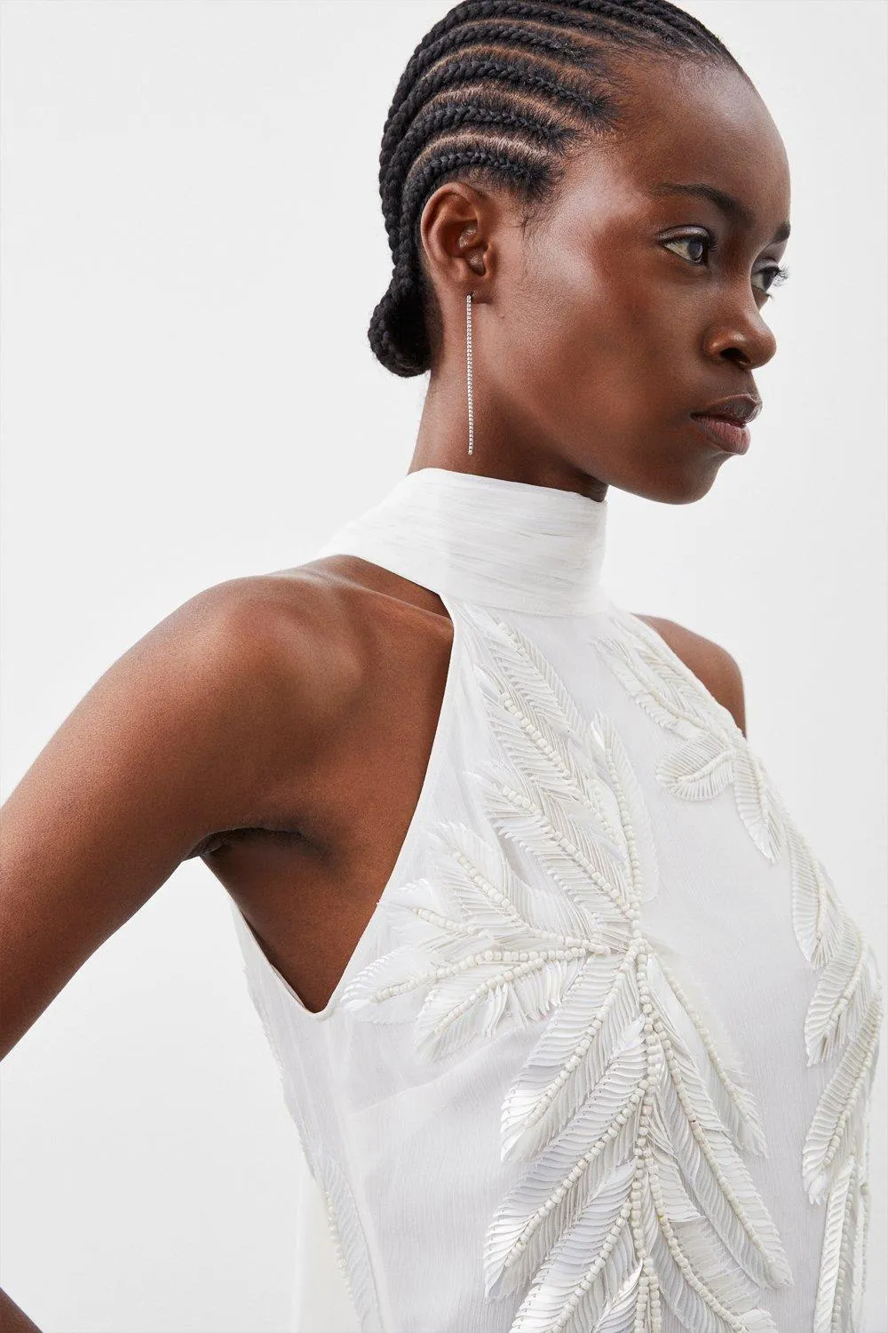 Georgette Feather Embellished Halter Neck Woven Maxi Dress BKK11243 3 Georgette Feather Embellished Halter Neck Woven Maxi Dress BKK11243