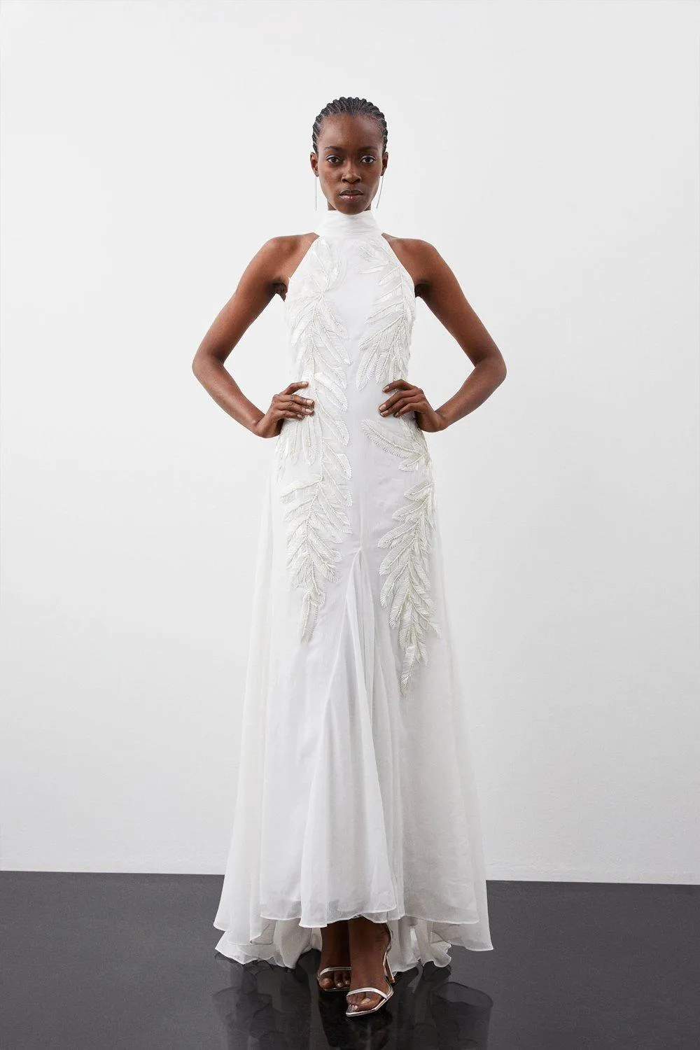 Georgette Feather Embellished Halter Neck Woven Maxi Dress BKK11243 5 Georgette Feather Embellished Halter Neck Woven Maxi Dress BKK11243