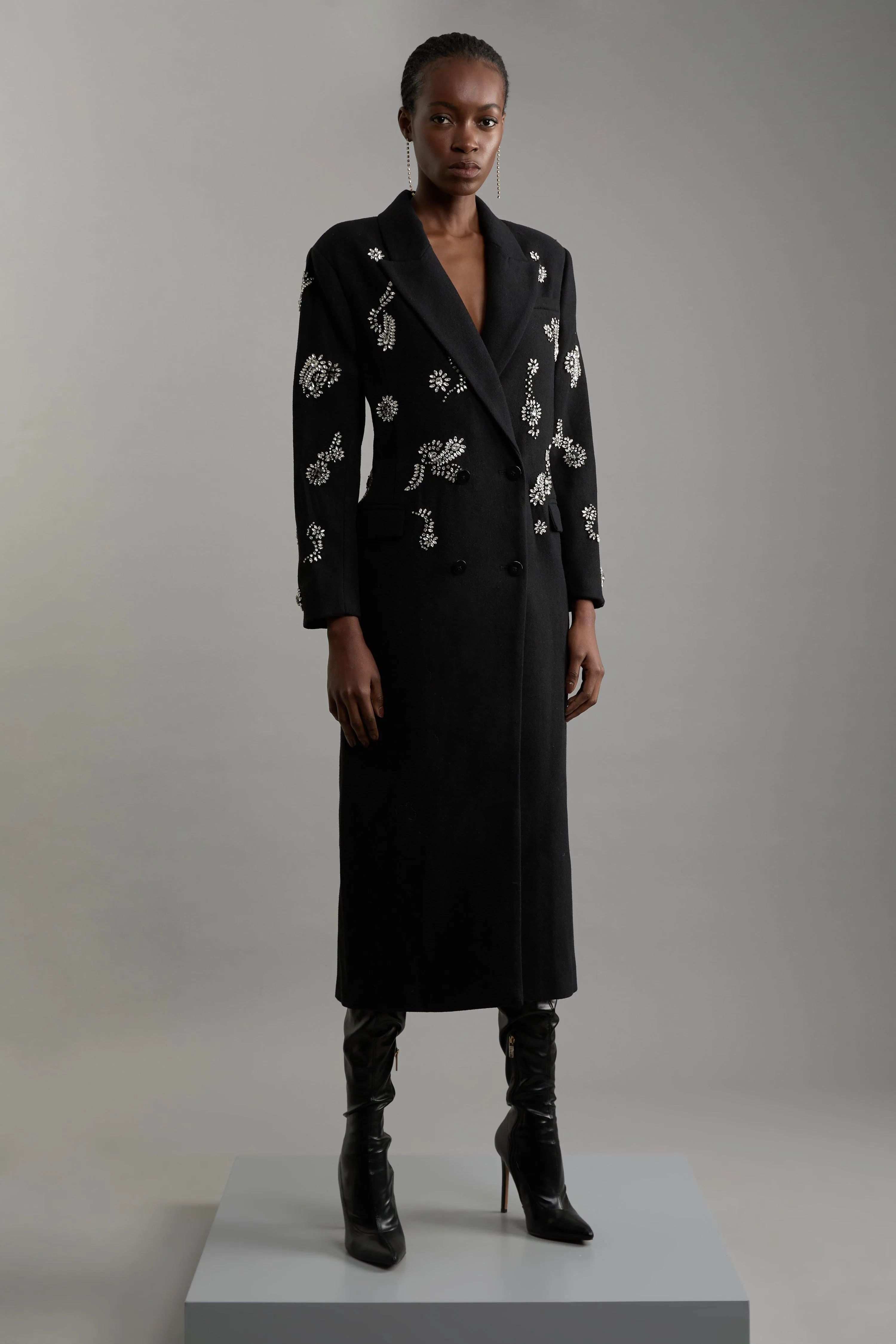 Tailored Wool Blend Embellished Maxi Coat BKK19793