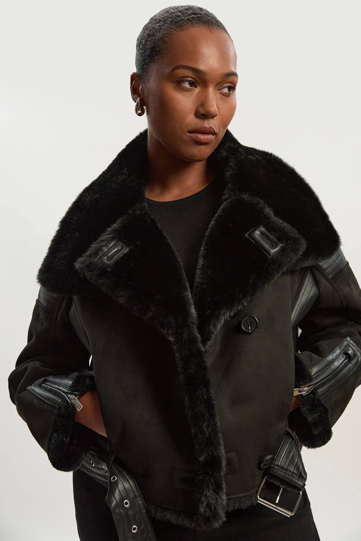 Plus Size Faux Shearling Crop Biker Coat BKK24379