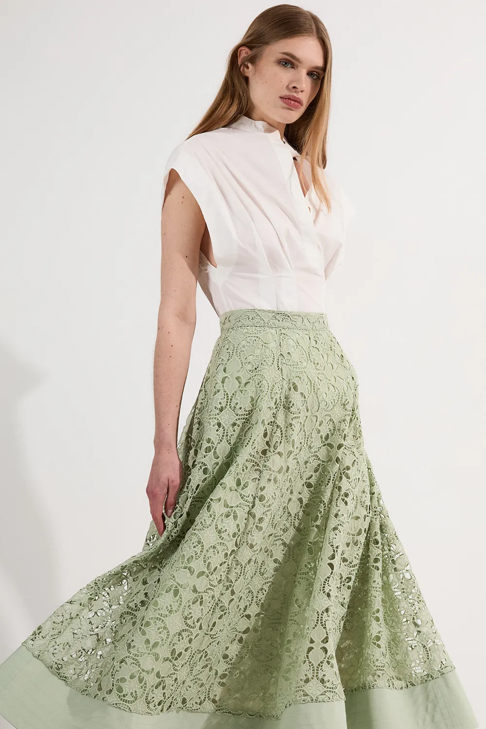 Cutwork Embroidery Woven Midi Prom Skirt BKK24388