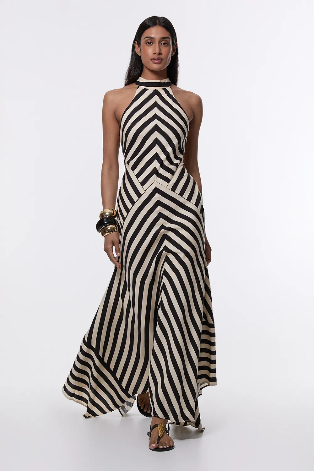 Mono Fluid Stripe Cotton Mix Woven Maxi Halter Dress BKK24398