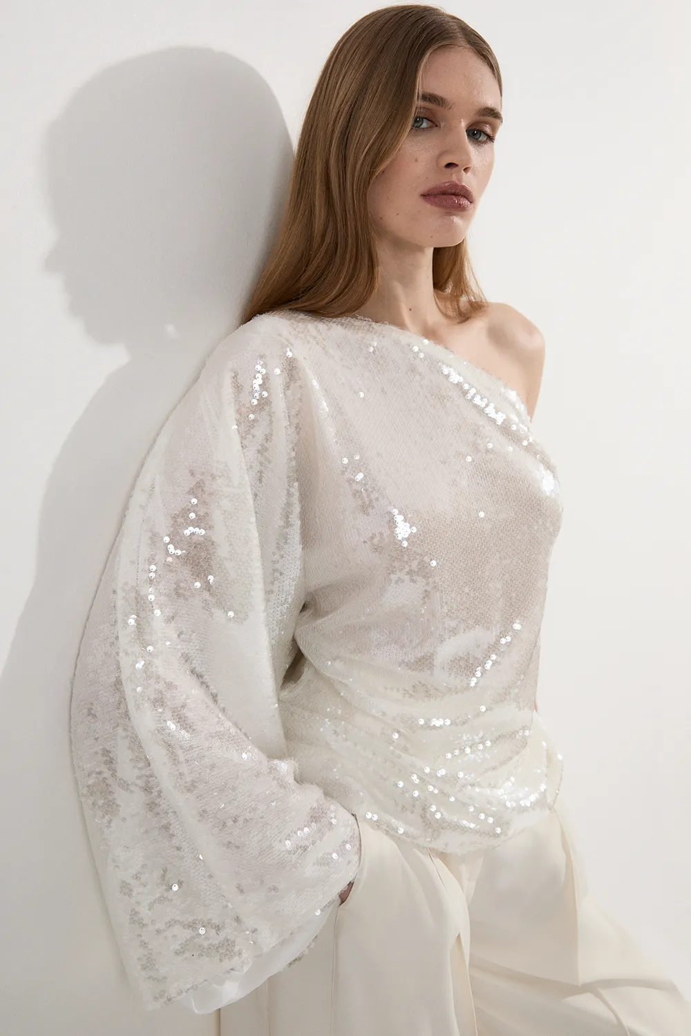 Liquid Shine One Shoulder Woven Sequin Blouse BKK24412