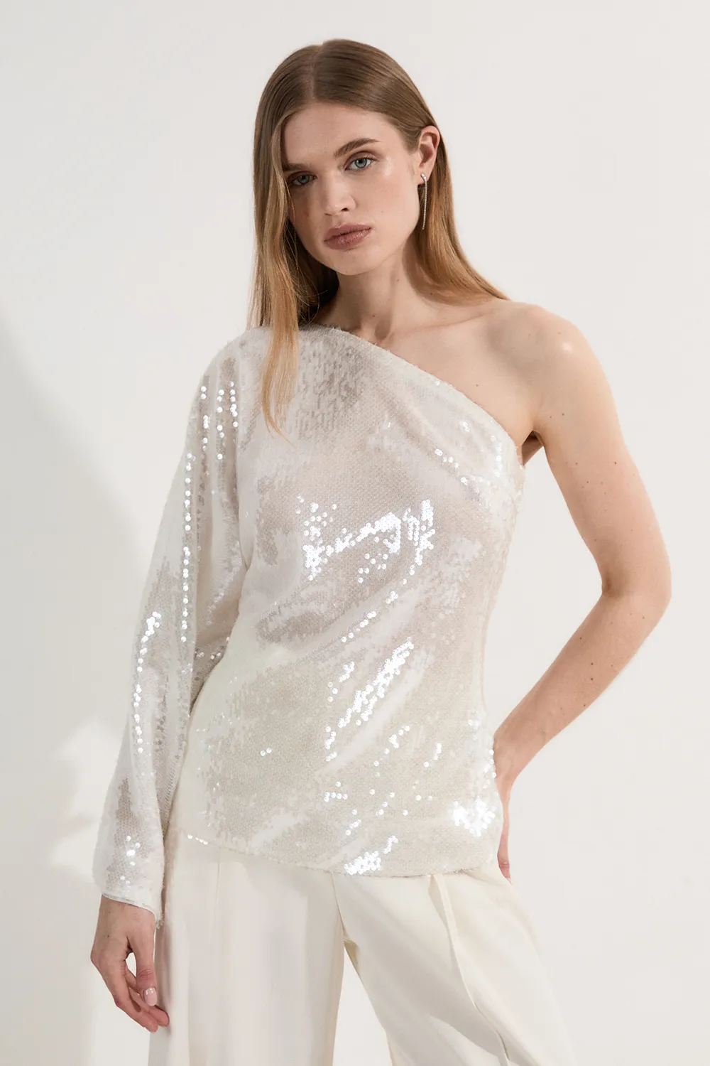 Liquid Shine One Shoulder Woven Sequin Blouse BKK24412 3 Liquid Shine One Shoulder Woven Sequin Blouse BKK24412
