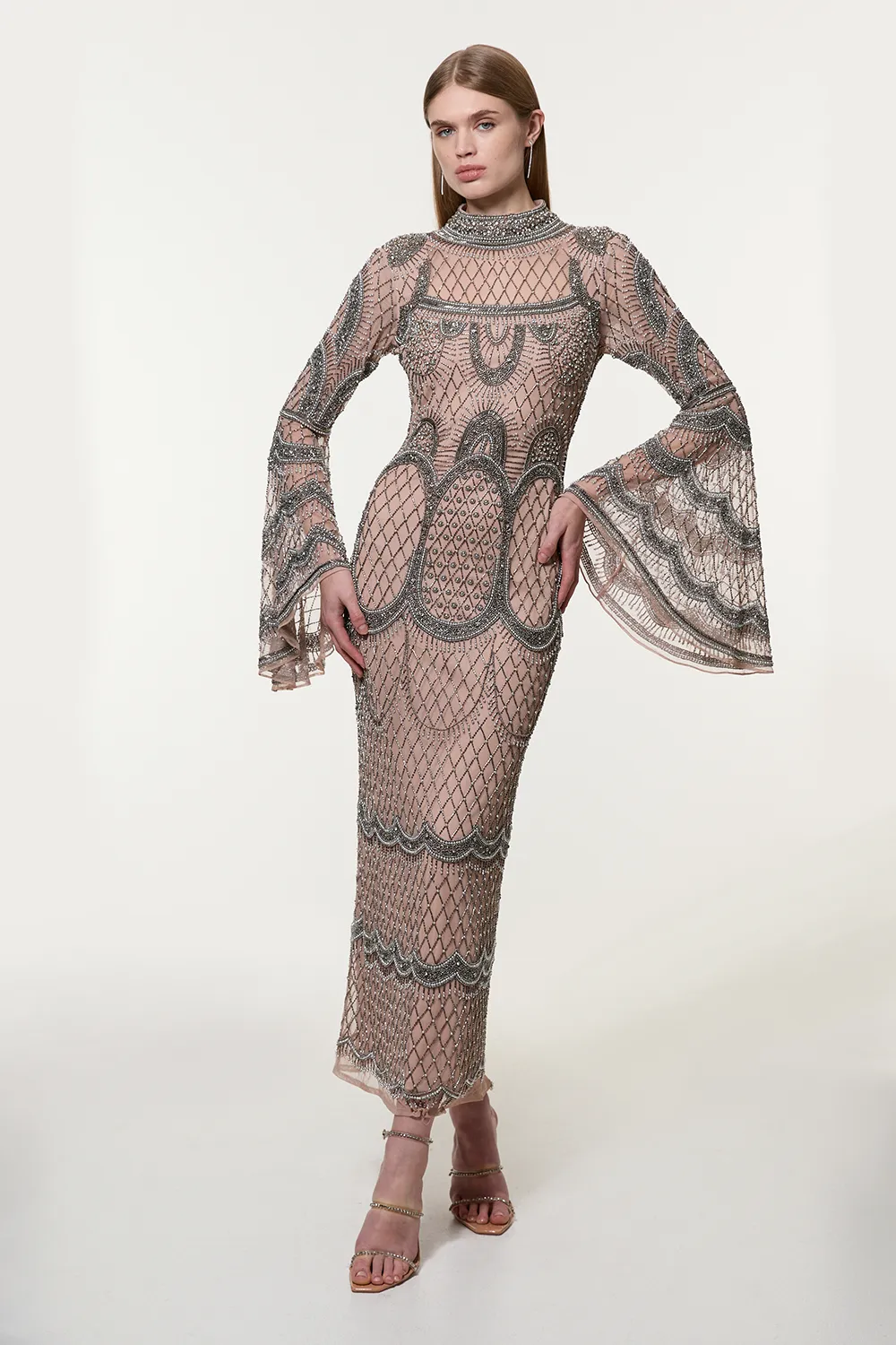 Petite Embellished And Beaded Long Sleeve Woven Maxi Dress BKK19804