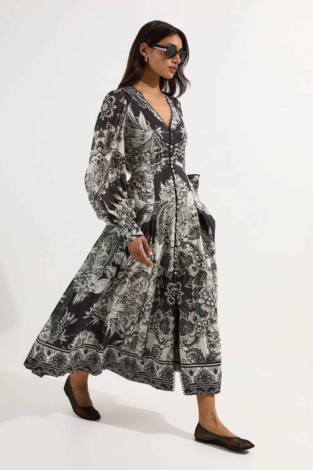 Tile Silk Cotton Plunge Woven Maxi Dress BKK24451