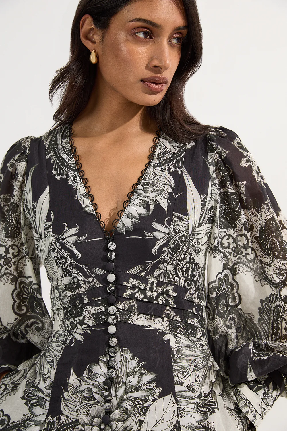 Tile Silk Cotton Plunge Woven Maxi Dress BKK24451