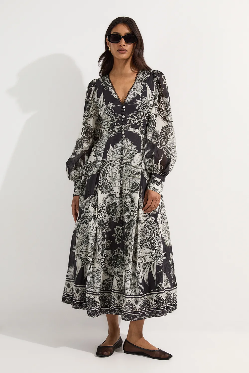 Tile Silk Cotton Plunge Woven Maxi Dress BKK24451