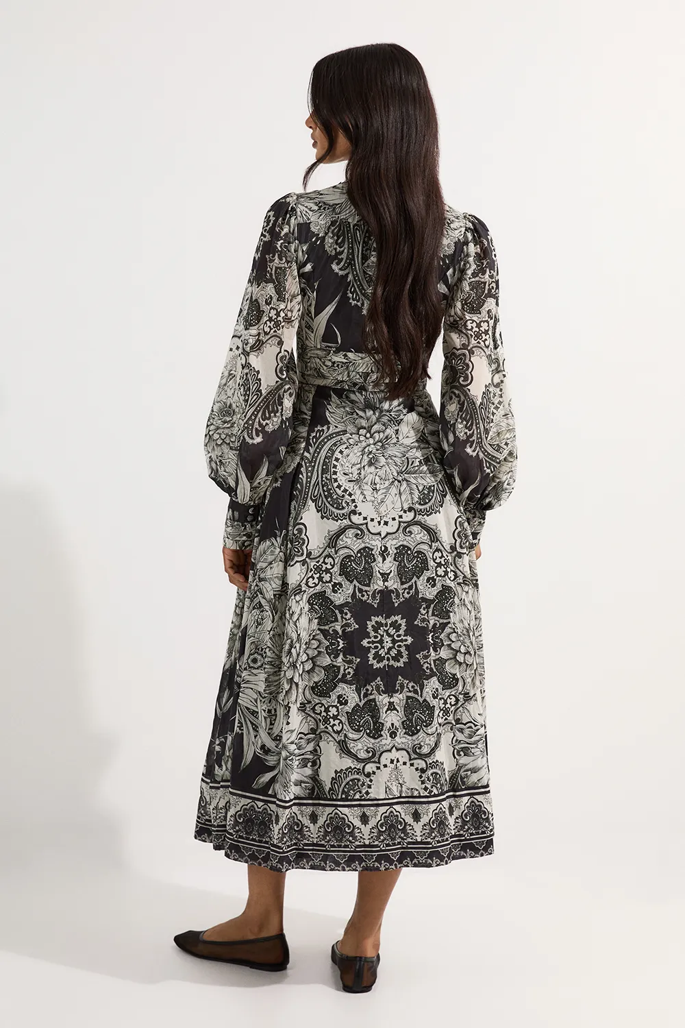 Tile Silk Cotton Plunge Woven Maxi Dress BKK24451