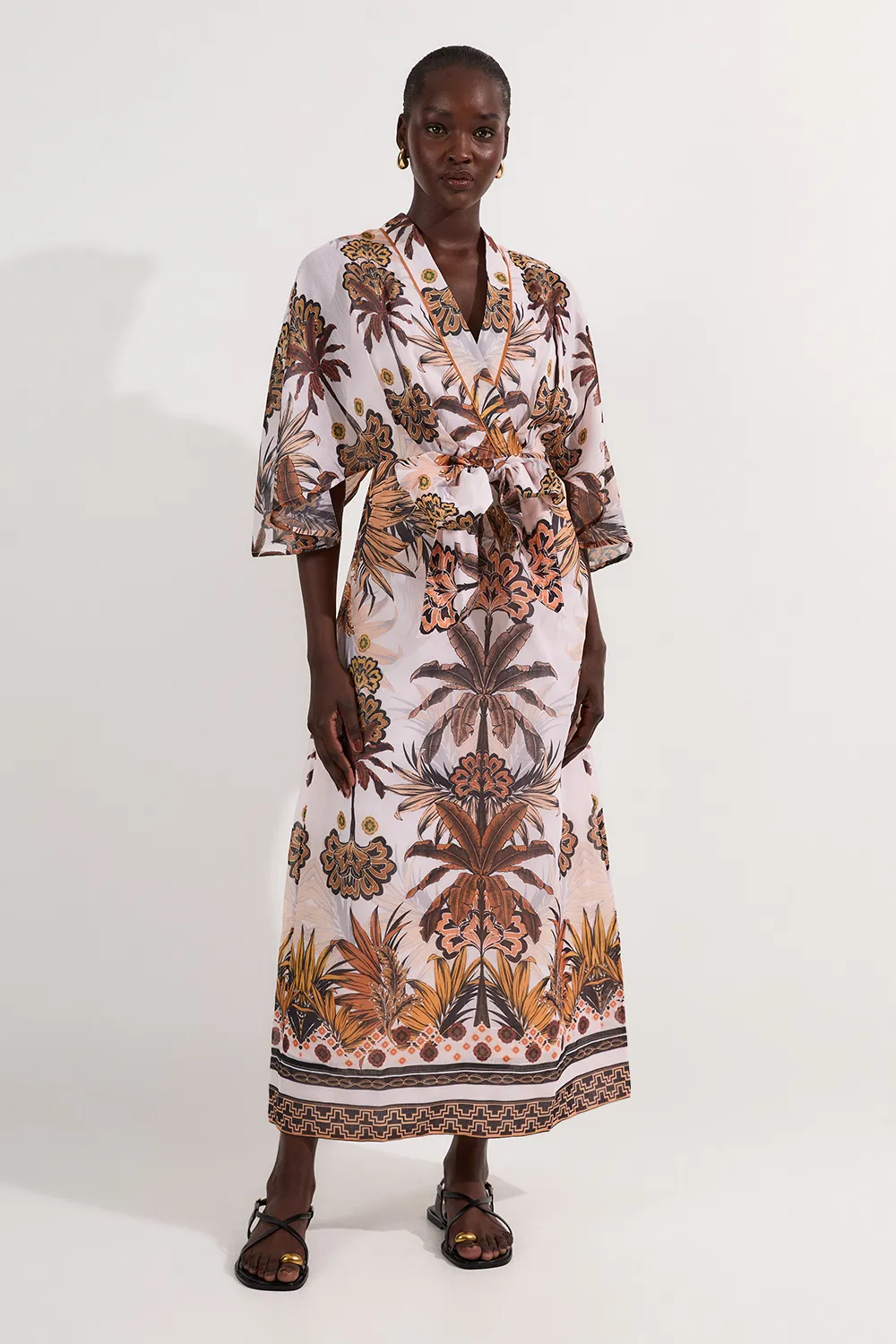 Abstract Print Cotton Kimono Sleeve Woven Maxi Dress BKK24469