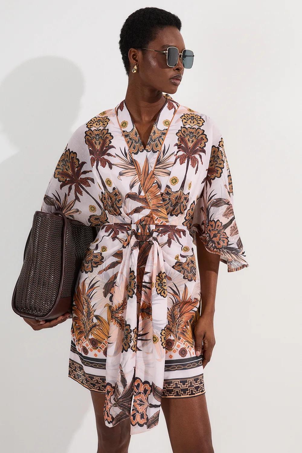 Abstract Print Cotton Kimono Sleeve Woven Mini Dress BKK24472