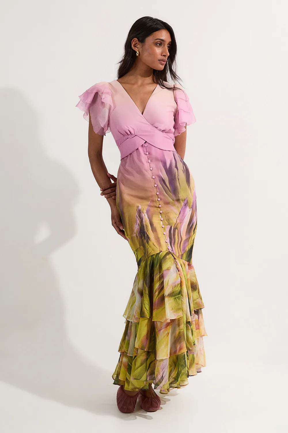 Ombre Floral Ruffle Sleeve Button Through Maxi Dress BKK24480