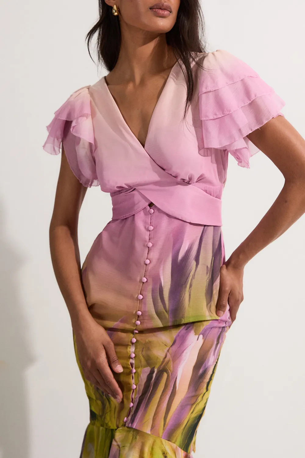 Ombre Floral Ruffle Sleeve Button Through Maxi Dress BKK24480