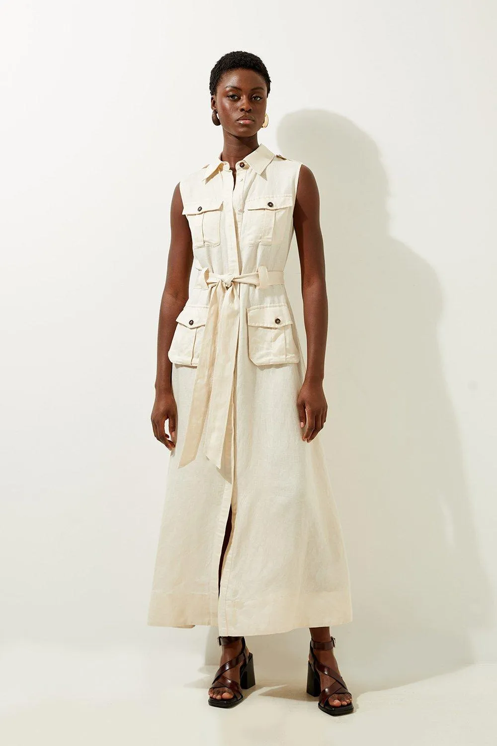 Viscose Linen Woven Sleeveless Shirt Midi Dress BKK19973