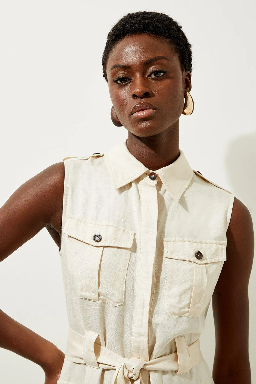 Viscose Linen Woven Sleeveless Shirt Midi Dress BKK19973