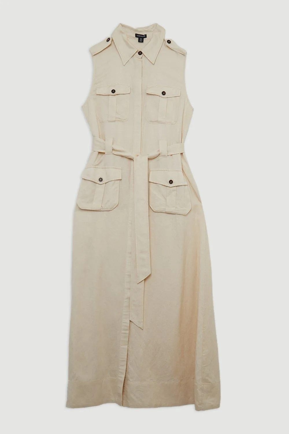 Viscose Linen Woven Sleeveless Shirt Midi Dress BKK19973