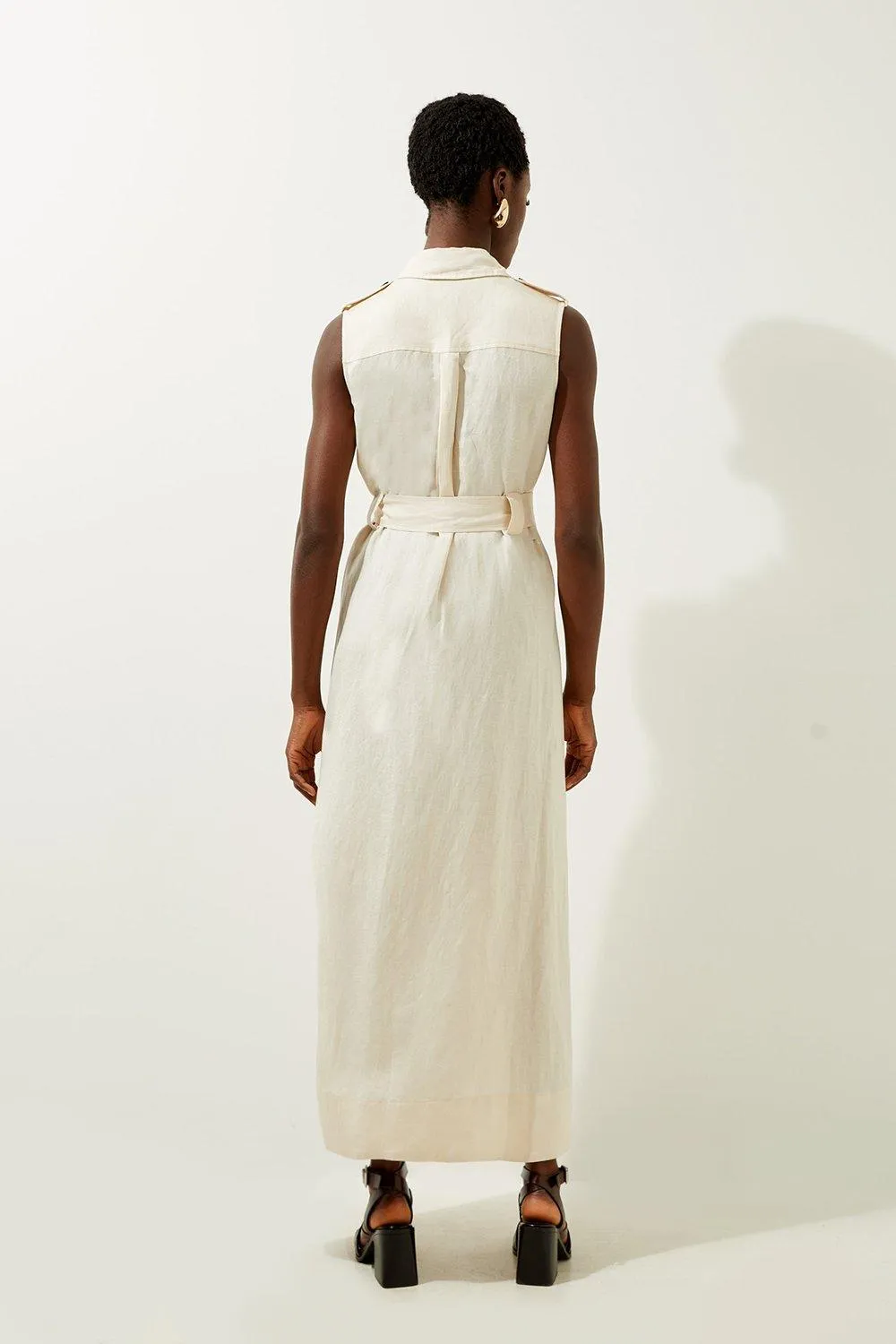 Viscose Linen Woven Sleeveless Shirt Midi Dress BKK19973