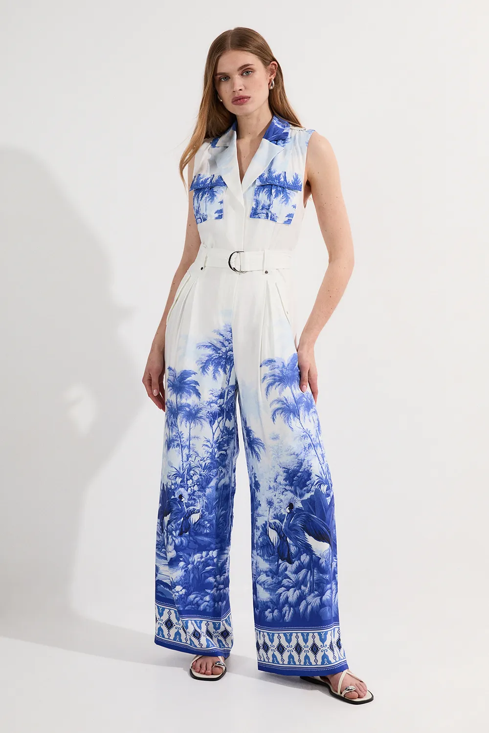 Petite Viscose Linen Scenic Print With Top Stitch Belted Woven Jumpsuit BKK24542