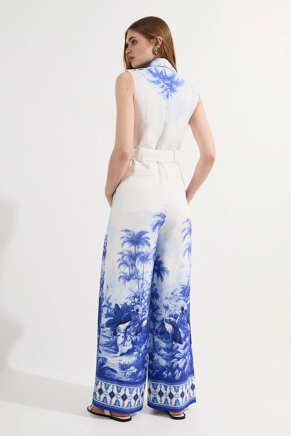 Viscose Linen Scenic Print With Top Stitch Belted Woven Jumpsuit BKK24543 5 Viscose Linen Scenic Print With Top Stitch Belted Woven Jumpsuit BKK24543