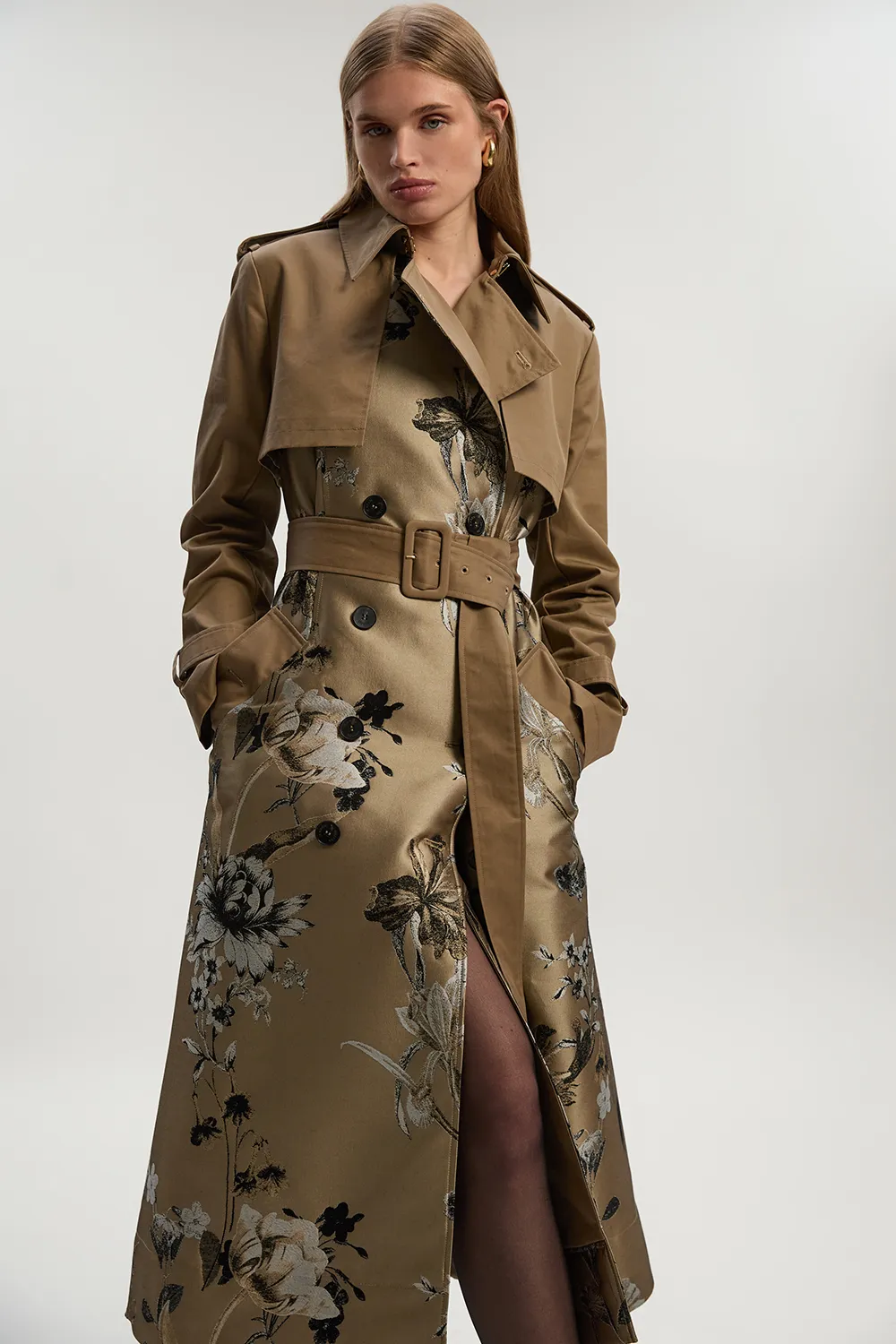 Tailored Jacquard Mix Trench Midi Coat BKK24556