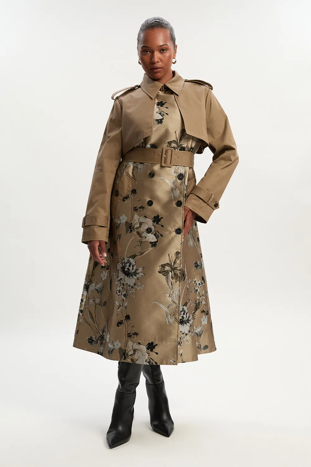 Plus Size Tailored Jacquard Mix Trench Midi Coat BKK24557