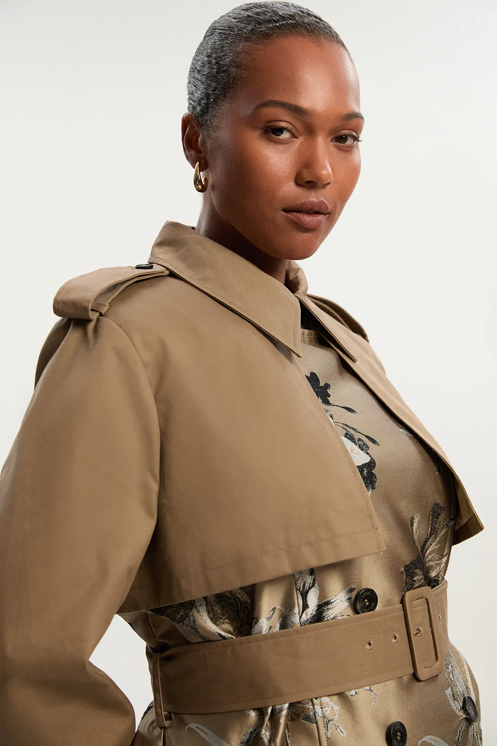 Plus Size Tailored Jacquard Mix Trench Midi Coat BKK24557