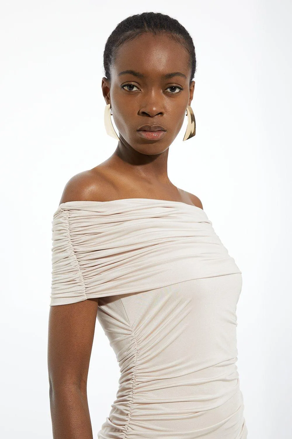 Drapey Slinky Jersey Off The Shoulder Maxi Dress BKK20001