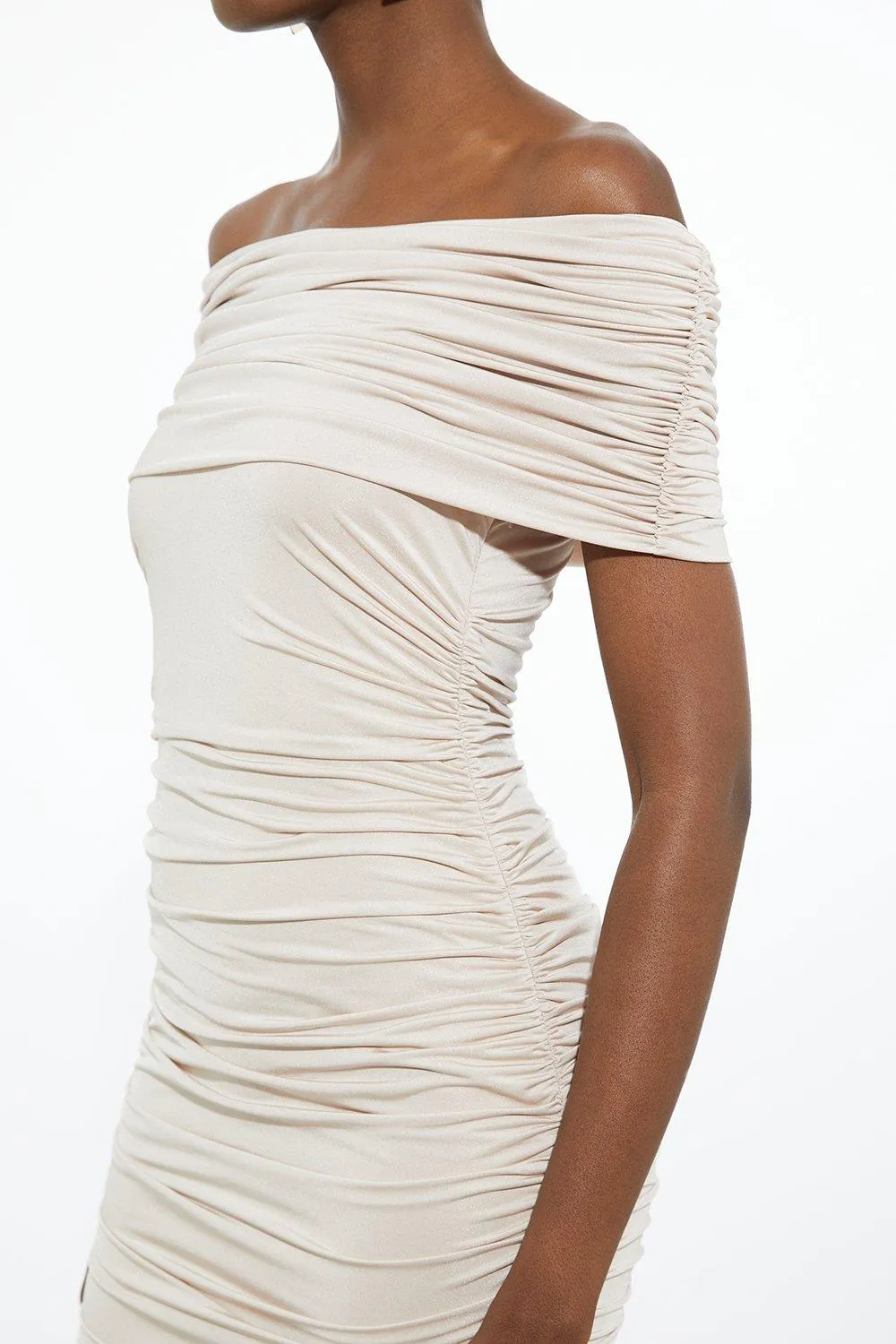 Drapey Slinky Jersey Off The Shoulder Maxi Dress BKK20001