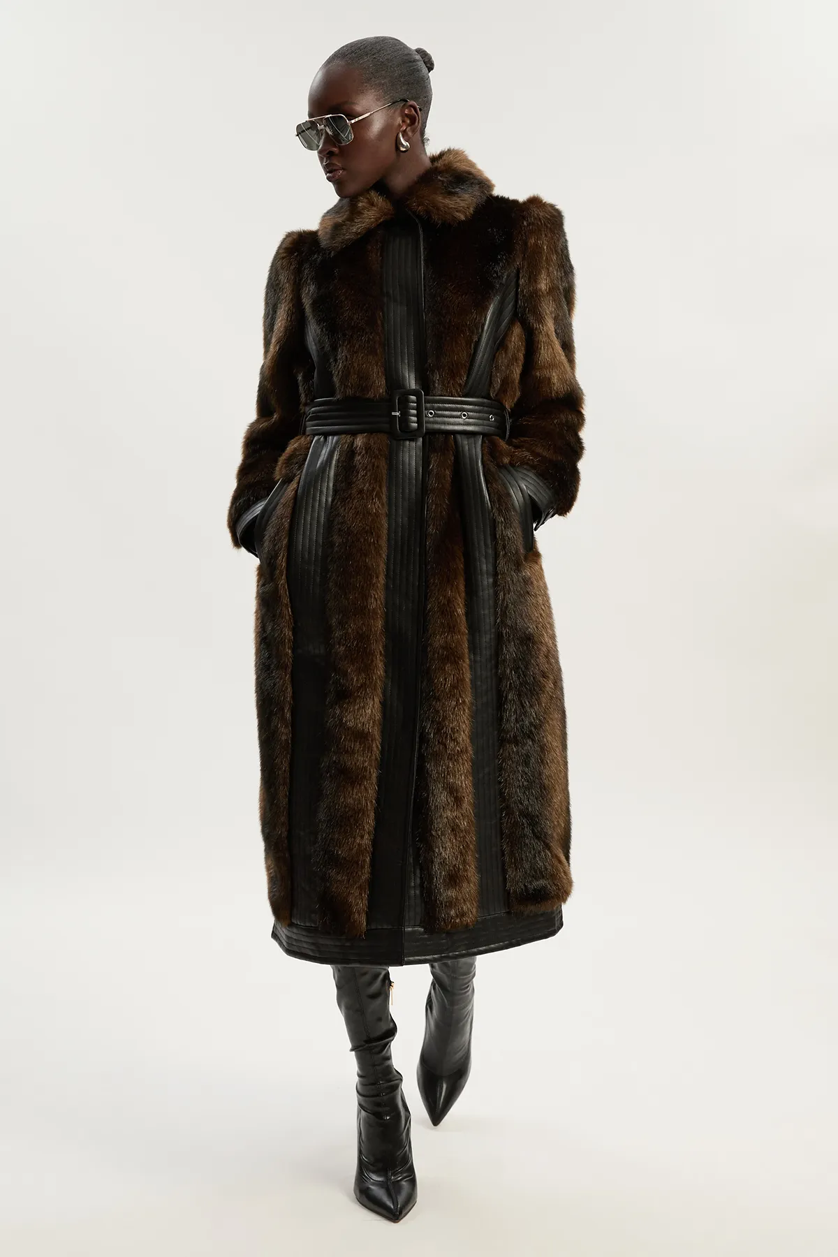 Petite Faux Fur PU Panelled Belted Midi Coat BKK24559