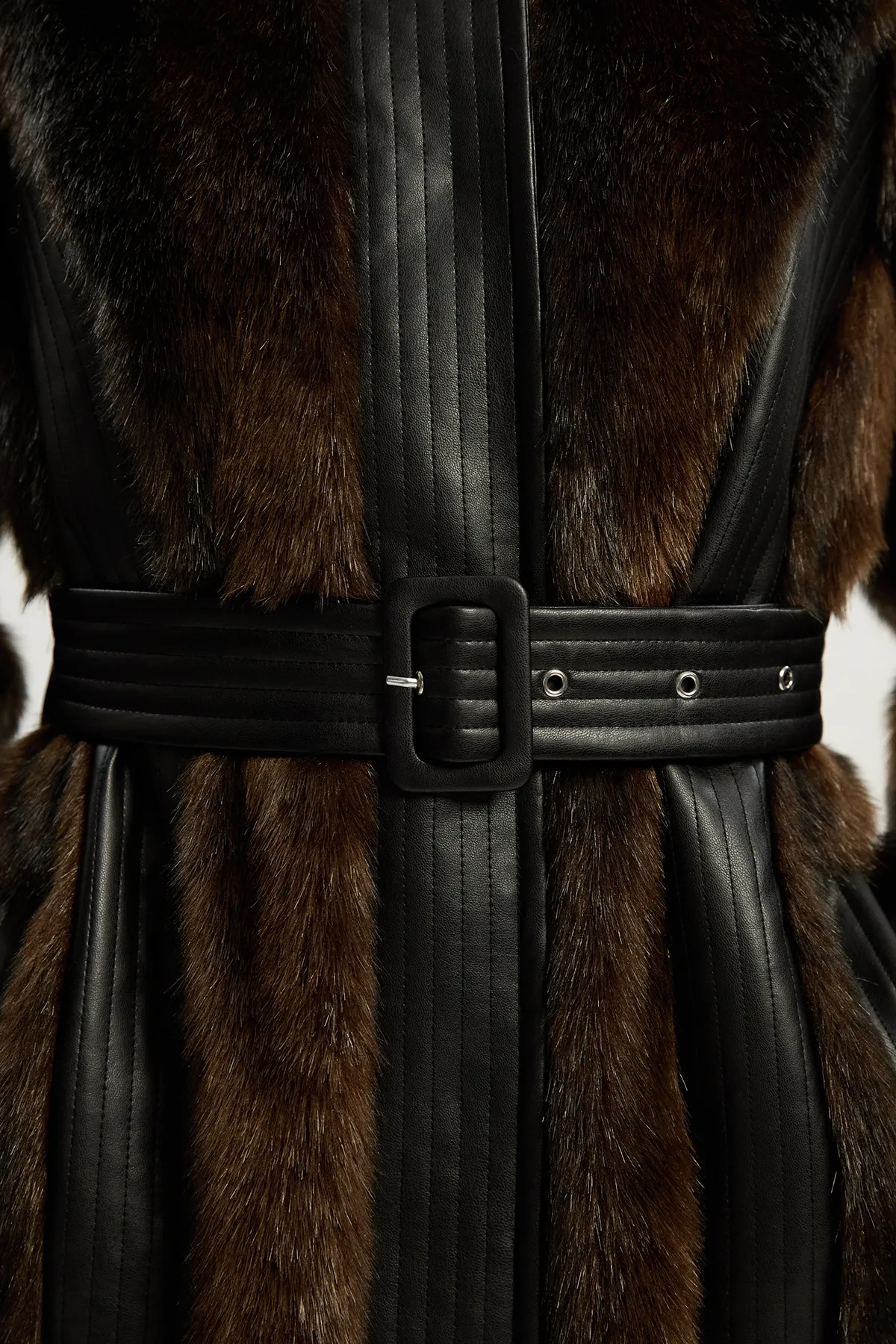 Petite Faux Fur PU Panelled Belted Midi Coat BKK24559