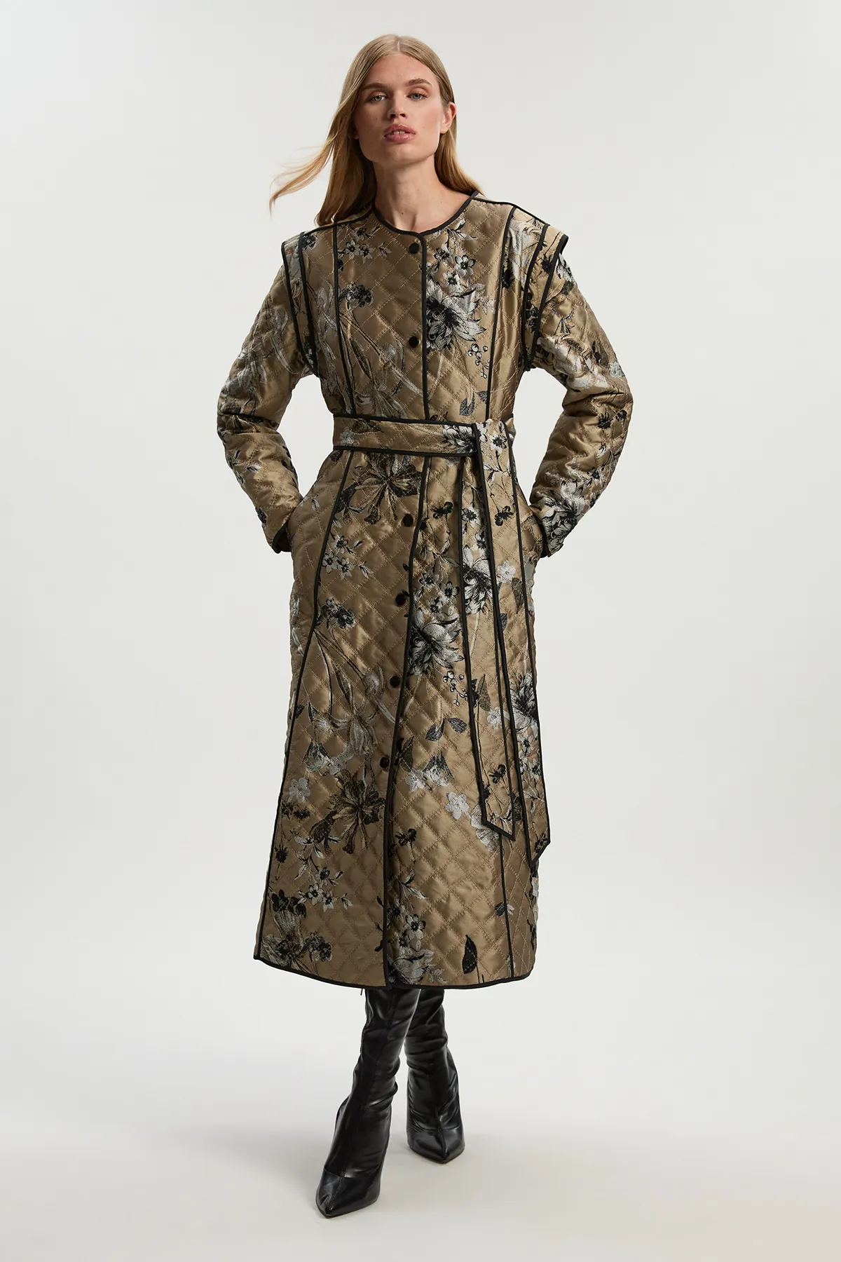 Printed Jacquard Padded Collarless Full Midi Coat BKK24555