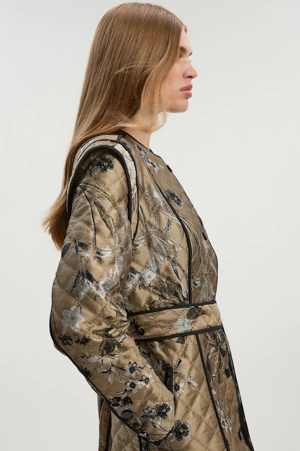 Printed Jacquard Padded Collarless Full Midi Coat BKK24555