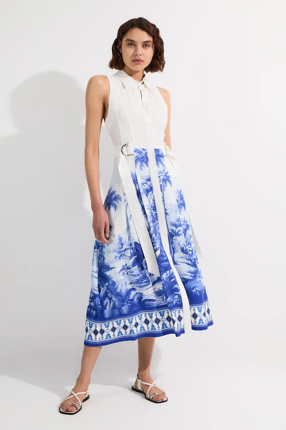 Viscose Linen Scenic Print With Top Stitch Belted Woven Midi Dress BKK24563