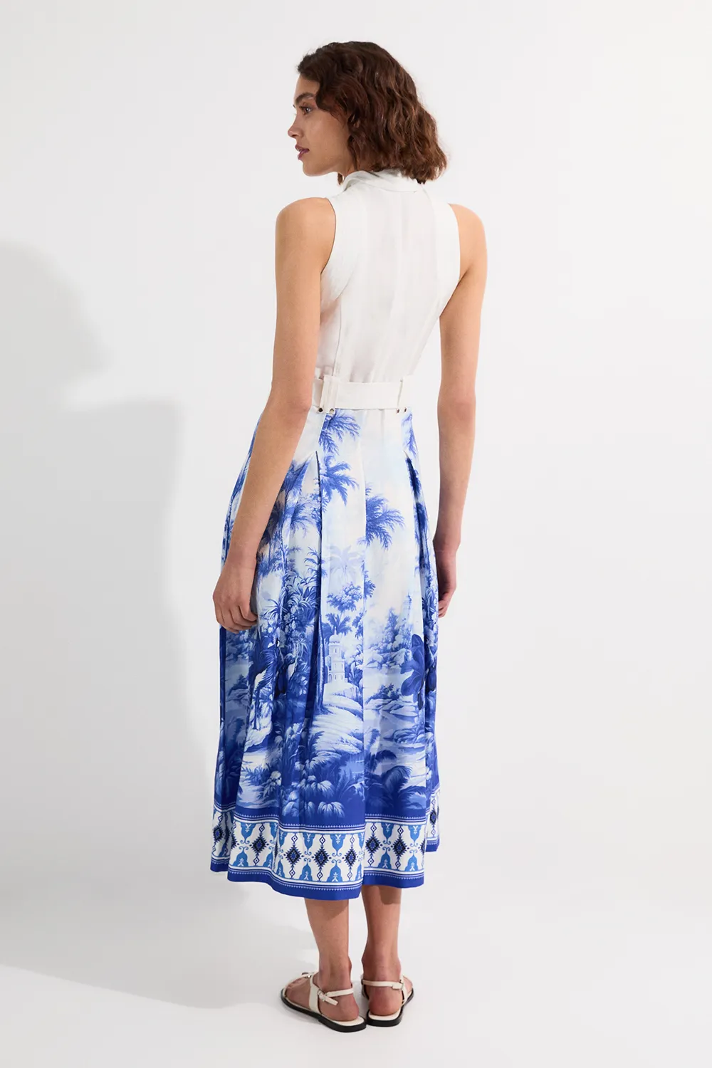 Viscose Linen Scenic Print With Top Stitch Belted Woven Midi Dress BKK24563 5 Viscose Linen Scenic Print With Top Stitch Belted Woven Midi Dress BKK24563