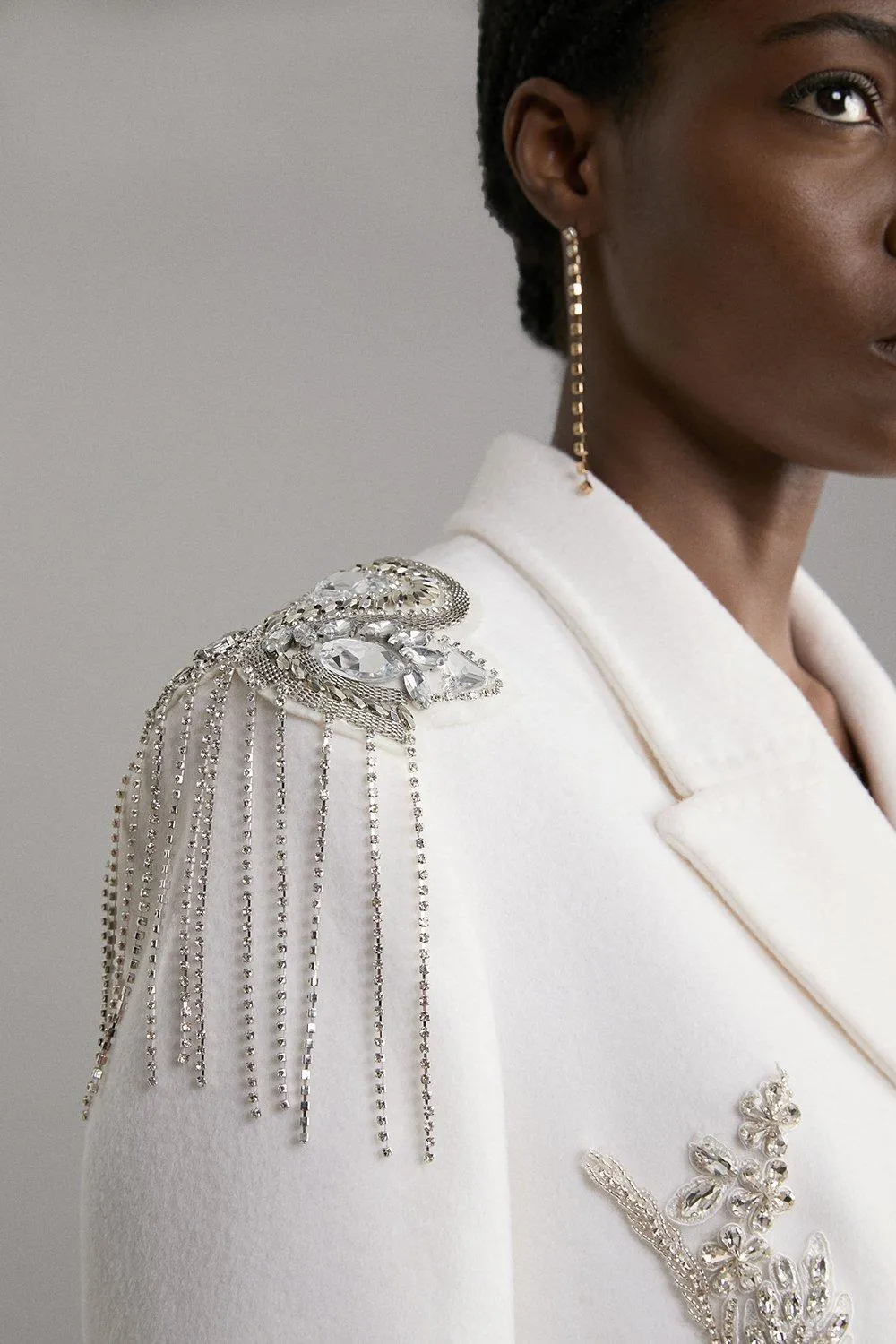 Wool Blend Crystal Embellished Double Breasted Tailored Maxi Coat BKK20067