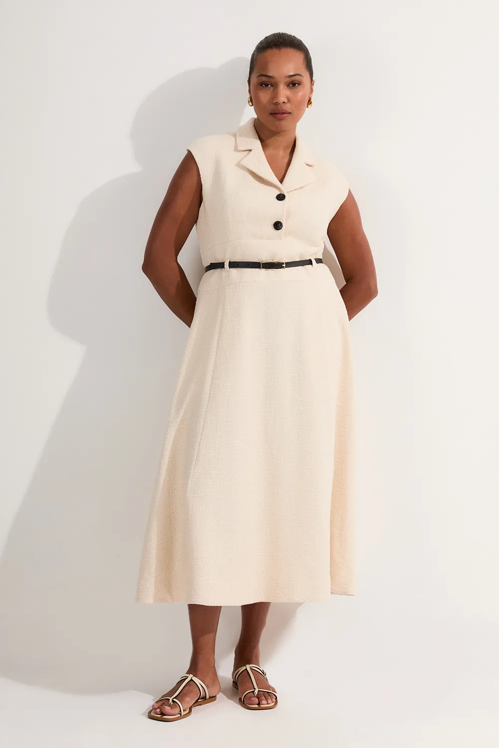 Plus Size Textured Tweed Belted Full Skirted Midi Dress BKK24600