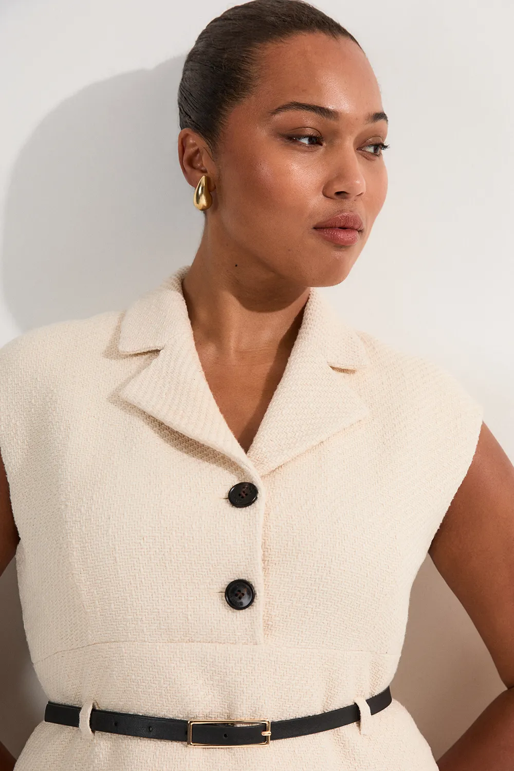 Plus Size Textured Tweed Belted Full Skirted Midi Dress BKK24600