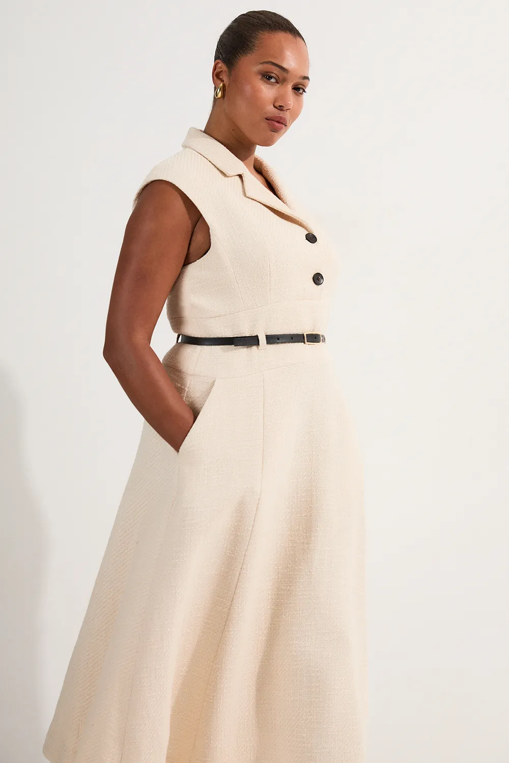 Plus Size Textured Tweed Belted Full Skirted Midi Dress BKK24600 3 Plus Size Textured Tweed Belted Full Skirted Midi Dress BKK24600