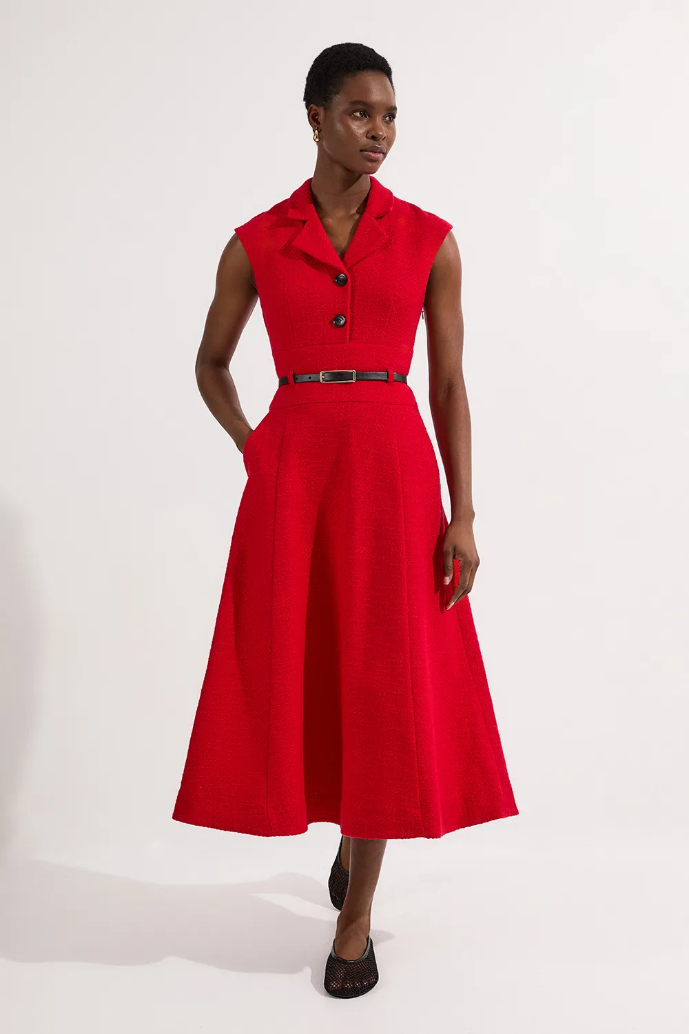 Petite Textured Tweed Belted Full Skirted Midi Dress BKK24603
