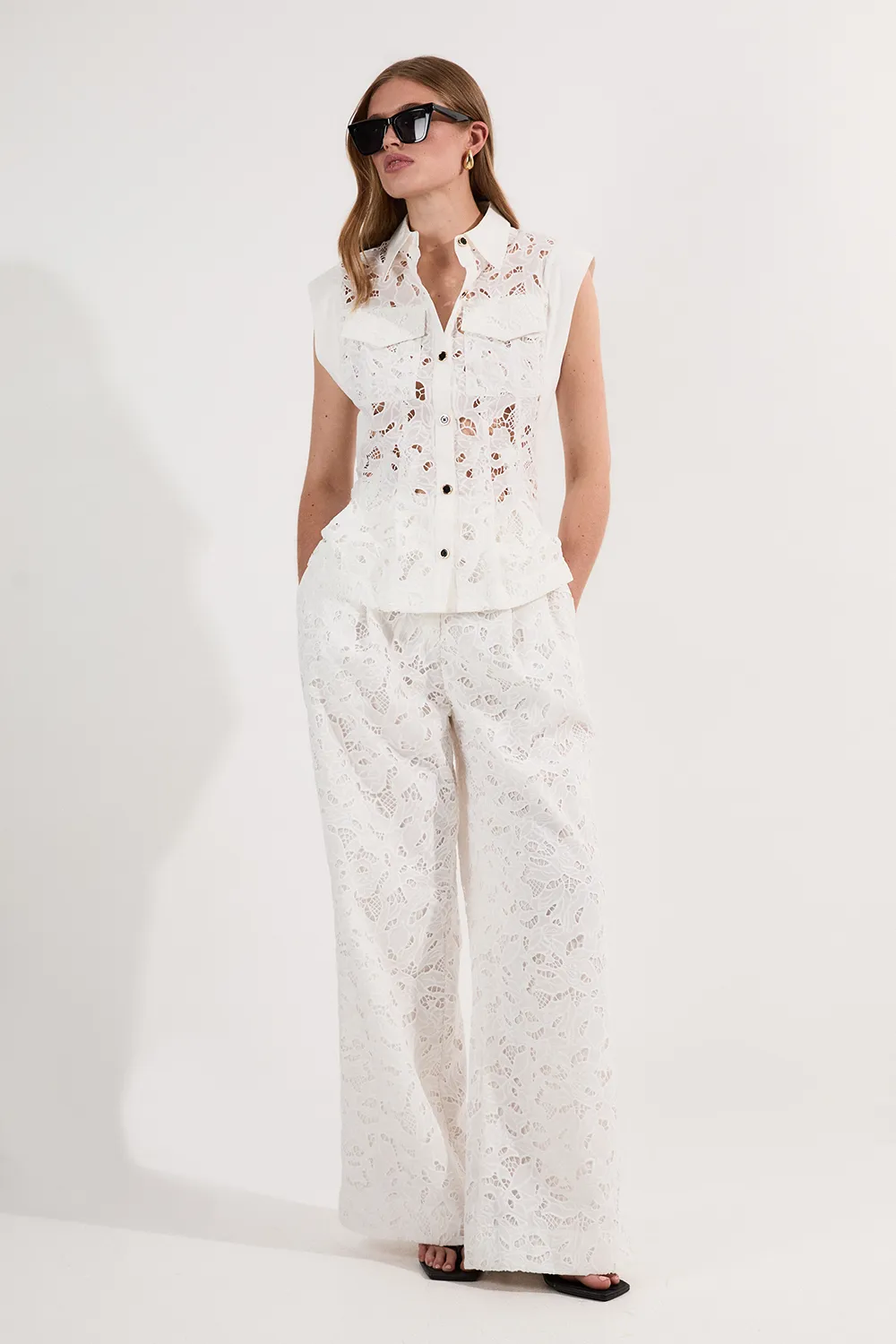 Cutwork Topstitch Pintuck Woven Blouse BKK24608 3 Cutwork Topstitch Pintuck Woven Blouse BKK24608