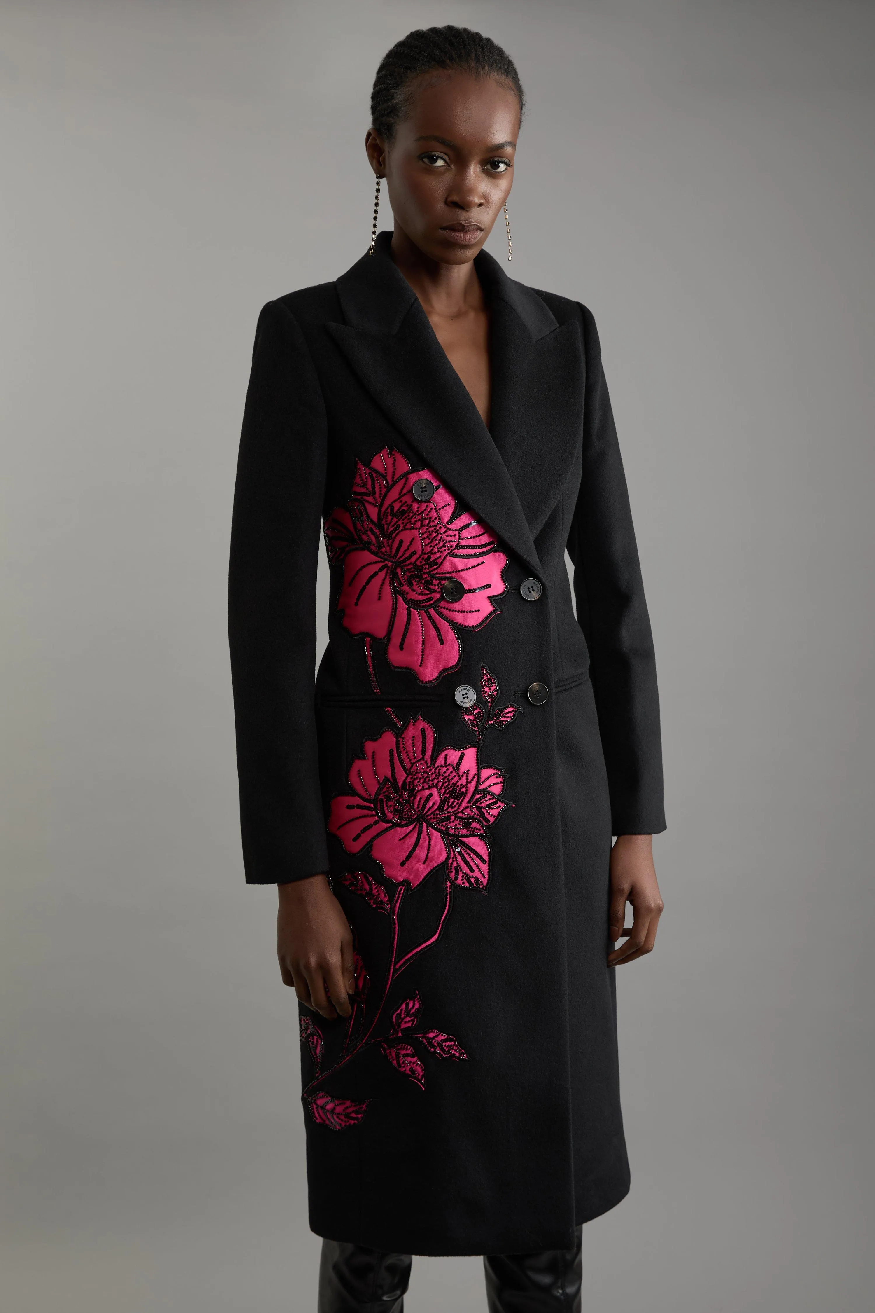 Wool Blend Satin Applique Embellished Double Breasted Tailored Midi Coat BKK20095