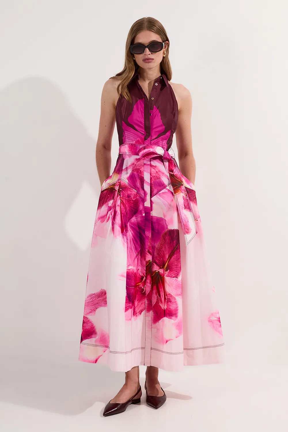 Placed Floral Taffeta Belted Woven Maxi Shirt Dress BKK24668