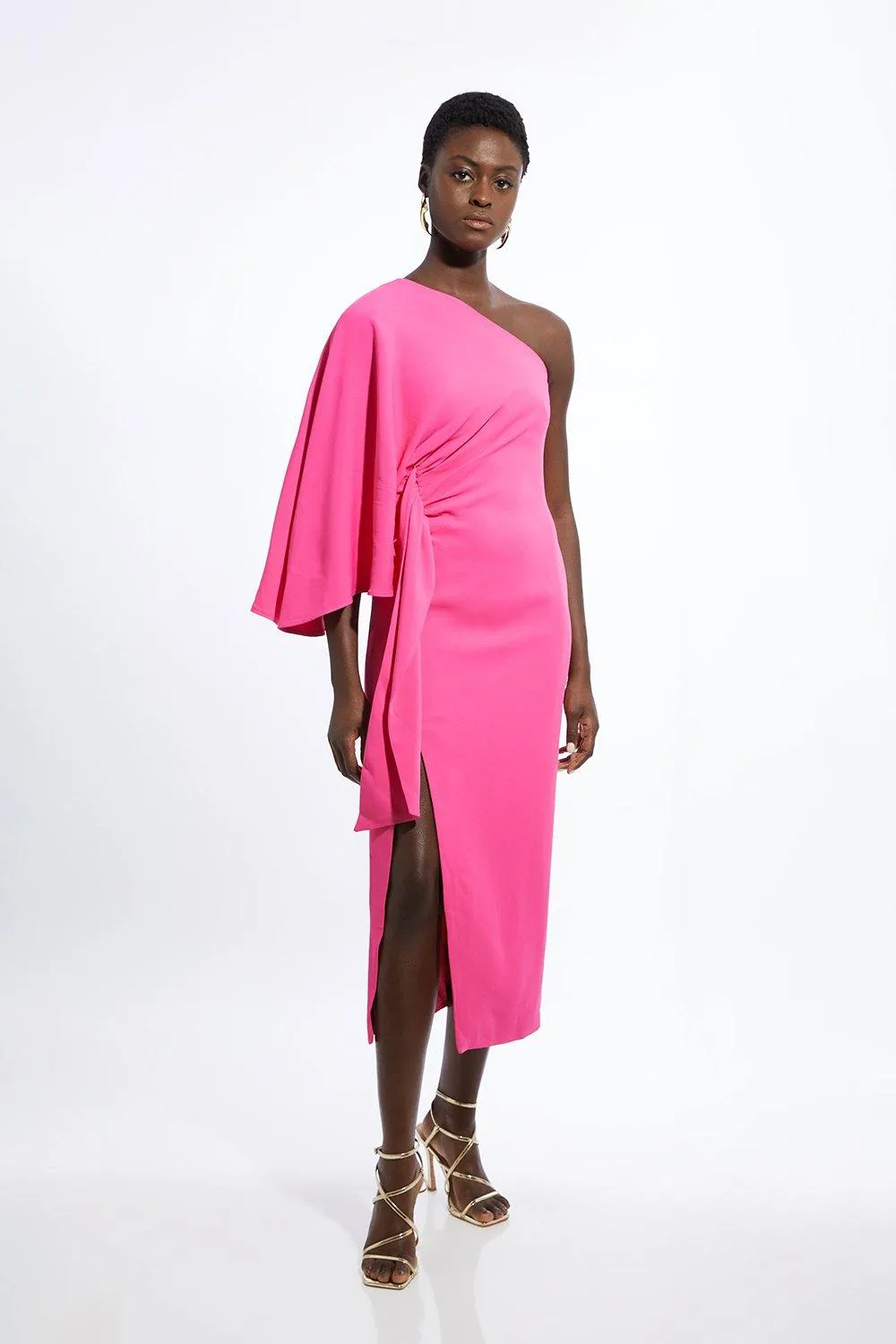 Tall Compact Stretch Viscose Drape Sleeve One Shoulder Tailored Maxi Dress BKK20173