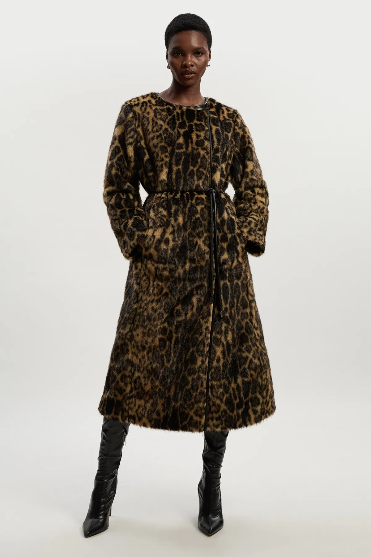 Faux Fur Leopard Collarless Tie Belted Midi Coat BKK24728