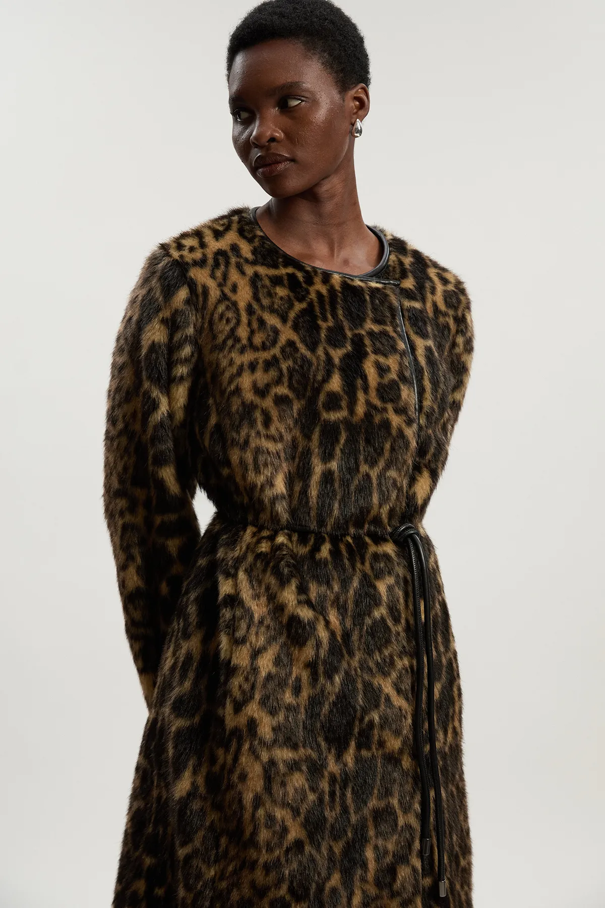 Faux Fur Leopard Collarless Tie Belted Midi Coat BKK24728