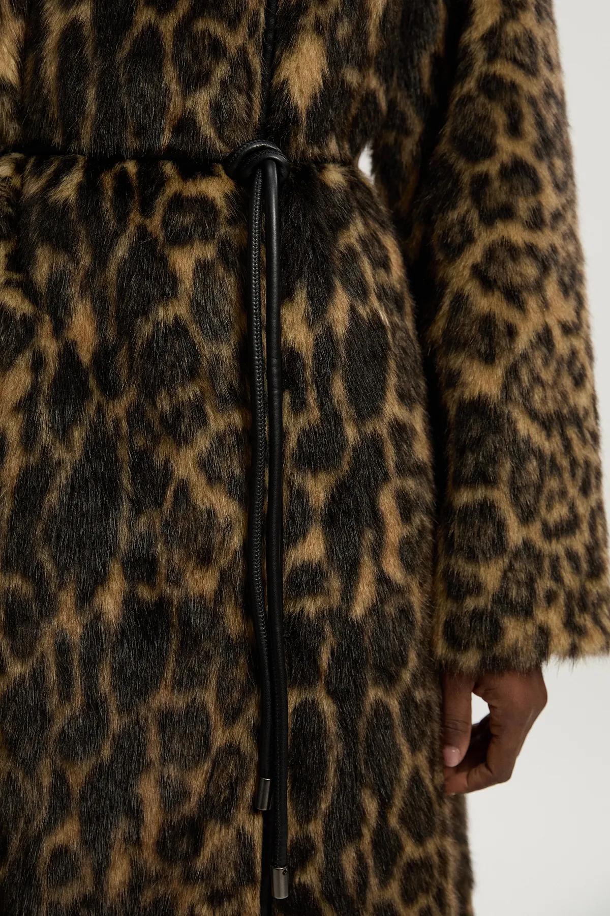 Faux Fur Leopard Collarless Tie Belted Midi Coat BKK24728 3 Faux Fur Leopard Collarless Tie Belted Midi Coat BKK24728